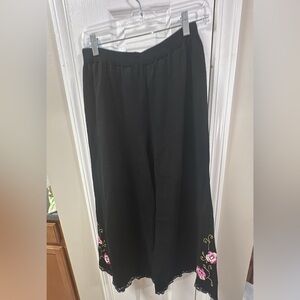 Storybook Knits Black Pants with Pink Floral Embroidery (mix17)